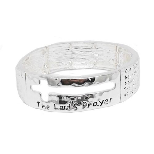 Lord's Prayer Silver Stretch Bracelet w/Cut-out Cross - B2426